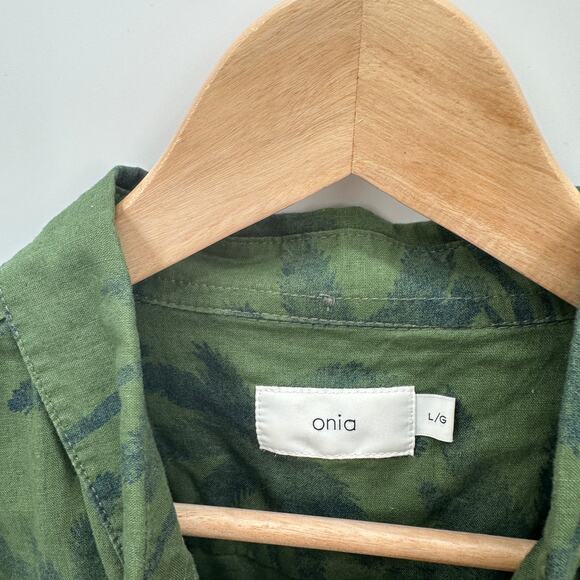 ONIA Men's Linen Cotton Green Palm Print Button Down Shirt // L - Picture 4 of 8